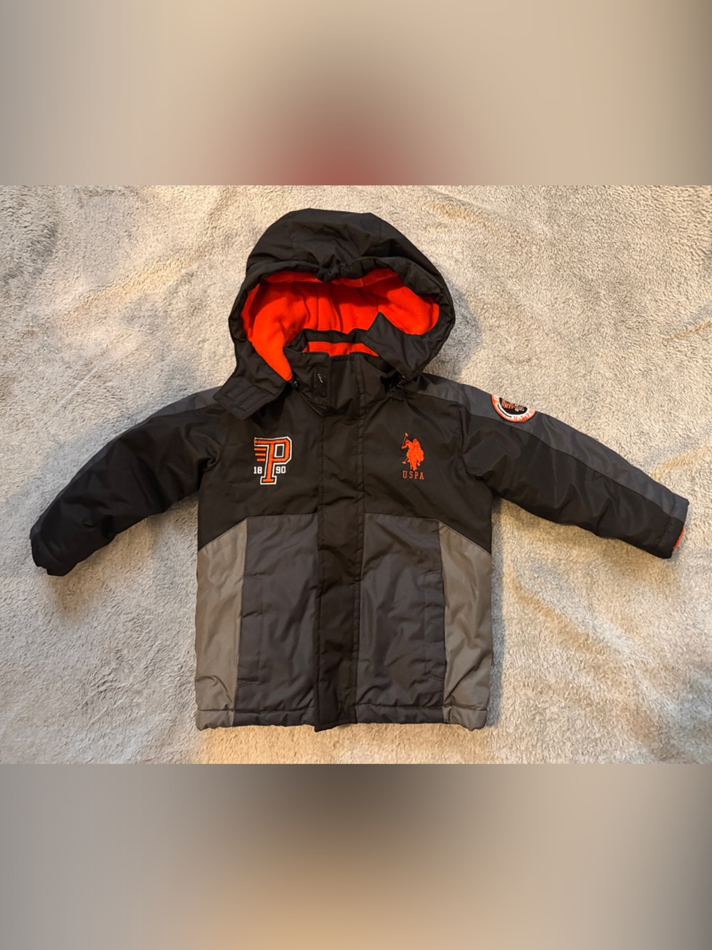 U.S. Polo Assn. Black & Gray Hooded Puffer with Orange Lining